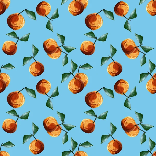 Гуаш безшовний візерунок з апельсинами мандарини цитрусові зелене листя ізольовані на синьому фоні. Фрукти повторювані тло. ілюстрація для тканини текстилю, меню — стокове фото