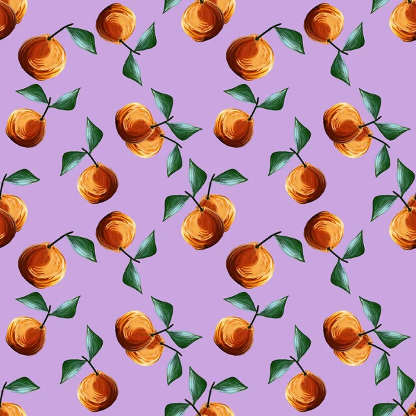 Padrão sem emenda guache com tangerinas laranjas citrinos folhas verdes isoladas em fundo rosa. Fruta fundo repetido. illust para tecido têxtil, menu — Fotografia de Stock