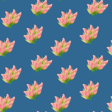 Güllerden yapılmış çiçek desenli. Mavi arka planda pembe çiçek tomurcukları olan bir resim. Kumaş ve tekstil, ambalaj, duvar kağıdı için botanik illüstrasyon.