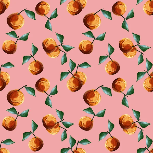 Gwasz Bezszwowy Wzór Pomarańczy Mandarynki Owoce Cytrusowe Zielone Liście Izolowane — Zdjęcie stockowe