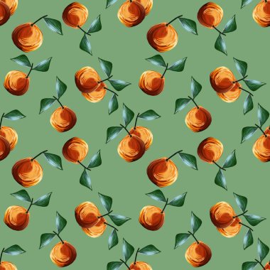 Portakallı Gouache desenli turunçgiller yeşil arka planda izole edilmiş yeşil yapraklar. Tekrarlanan meyve arka planı. Kumaş tekstil, menü için resimleme.