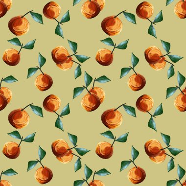 Portakallı Gouache desenli turuncu turunçgil yeşil yapraklı sarı arkaplan. Tekrarlanan meyve arka planı. Kumaş tekstil, menü için resimleme.