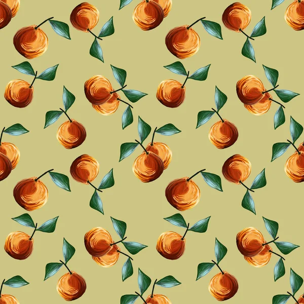 Gouache Seamless Pattern Oranges Tangerines Citrus Fruits Green Leaves Isolated — Stock Photo, Image