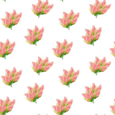 Güllerden yapılmış çiçek desenli. Beyaz arka planda pembe çiçek tomurcukları olan bir resim. Kumaş ve tekstil, ambalaj, duvar kağıdı için botanik illüstrasyon.