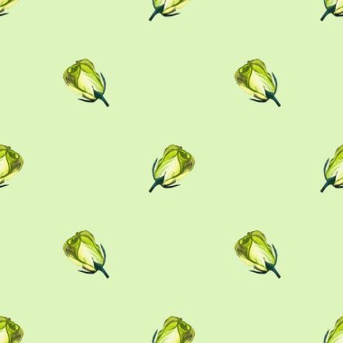 Güllerden yapılmış çiçek desenli. Soluk arkaplanda yeşil çiçek tomurcukları olan bir resim. Kumaş ve tekstil, ambalaj, duvar kağıdı için botanik illüstrasyon.