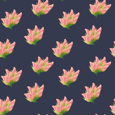 Güllerden yapılmış çiçek desenli. Üzerinde pembe çiçek tomurcukları olan koyu mavi bir tablo. Kumaş ve tekstil, ambalaj, duvar kağıdı için botanik illüstrasyon.