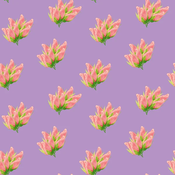 Floral seamless pattern made of roses. Acrilic painting with pink flower buds on lilac background. Botanical illustration for fabric and textile packaging wallpaper.