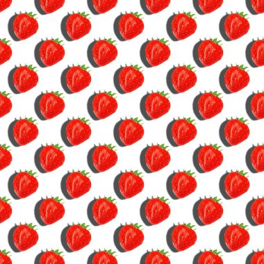 Beyaz arka planda sulu kırmızı yaz çileği desenli illüstrasyon. Tekstil, duvar kâğıdı, ambalaj kağıdı için iyi. hediye kartları.