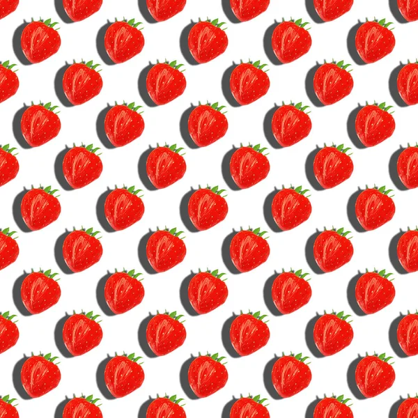 Beyaz arka planda sulu kırmızı yaz çileği desenli illüstrasyon. Tekstil, duvar kâğıdı, ambalaj kağıdı için iyi. hediye kartları.