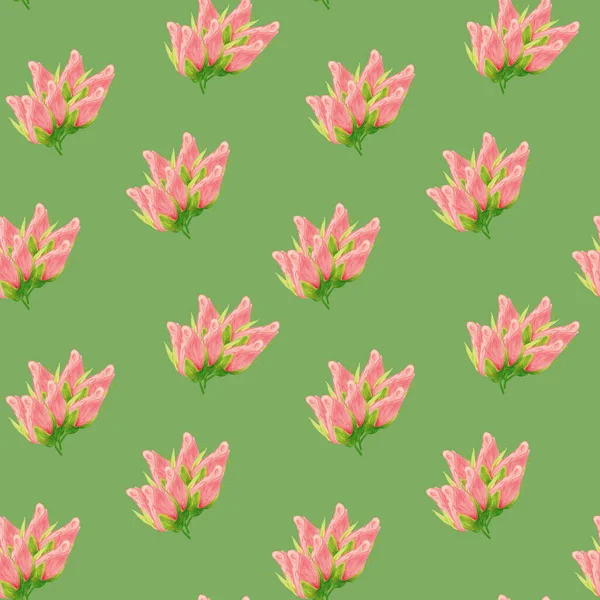 Floral seamless pattern made of roses. Acrilic painting with pink flower buds on green background. Botanical illustration for fabric and textile, packaging, wallpaper.