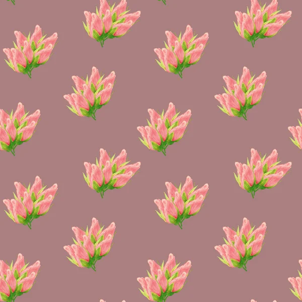 玫瑰做成的花纹无缝图案 淡褐色背景的带有粉红花蕾的英式绘画 织物和纺织品 壁纸的植物学图解 — 图库照片