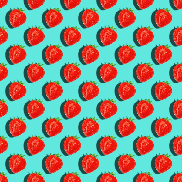 Morango Verão Vermelho Suculento Fundo Azul Claro Ilustração Padrão Sem — Fotografia de Stock