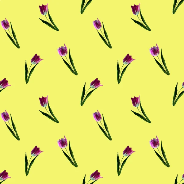 Gouache Blumen Tulpe gelb Backgraund. Nahtlos buntes Frühlingsmuster. Bemalte violette Tulpenpflanze. Purpurblüte — Stockfoto
