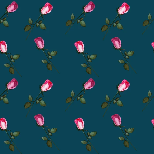 玫瑰做成的花纹无缝图案。深绿色背景上的带有粉红色花蕾的丙烯酸绘画。织物和纺织品,包装,壁纸,卡片的植物学图解 — 图库照片