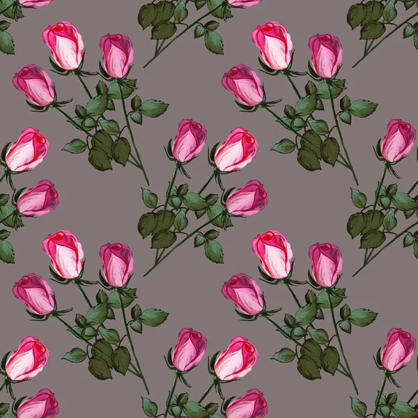 Florales nahtloses Muster aus Rosen. Acrylmalerei mit rosa Blütenknospen auf grauem Hintergrund. Botanische Illustration für Stoff und Textilien, Verpackung, Tapete, Karte — Stockfoto