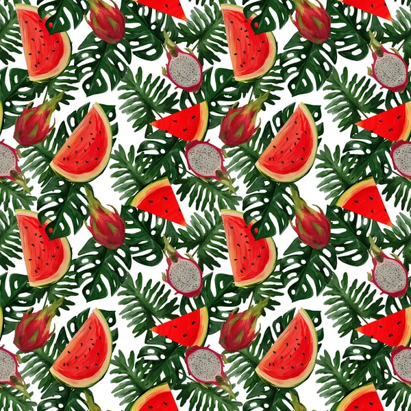 Modern seamless pattern with dragon fruit, watermelon, tropical leaves on white background Summer vibes. Hand painted botanical illustration for textiles, packaging, fabrics