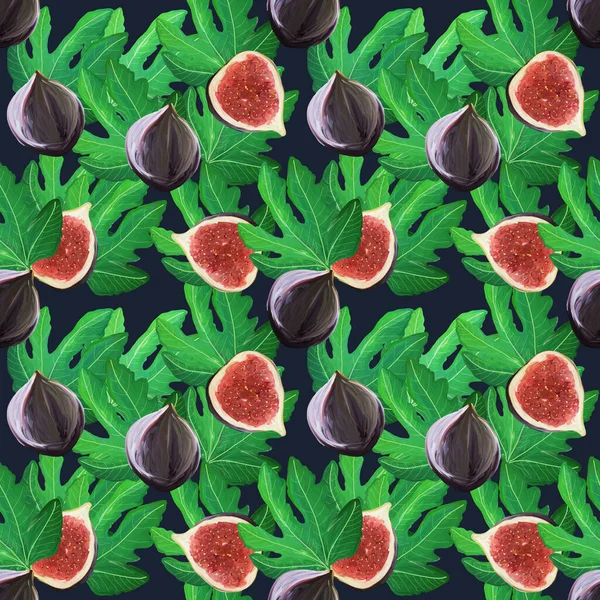 Гарний візерунок з інжиром і листям. Яскраві тропічні фрукти ізольовані на синьому фоні, намальований вручну дизайн для фону, шпалер, текстилю, обгортання — стокове фото