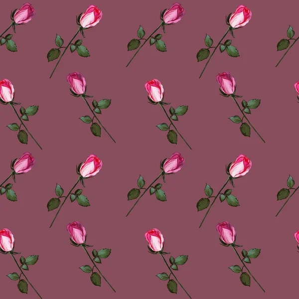 玫瑰做成的花纹无缝图案 红葡萄酒背景上有粉红花蕾的丙烯酸绘画 织物和纺织品 卡片的植物学图解 — 图库照片