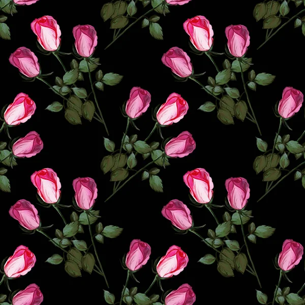 Floral seamless pattern made of roses. Acrilic painting with pink flower buds on black background. Botanical illustration for fabric and textile, packaging, wallpaper, card.