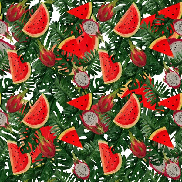 Modernes Nahtloses Muster Mit Drachenfrucht Wassermelone Tropischen Blättern Auf Weißem — Stockfoto