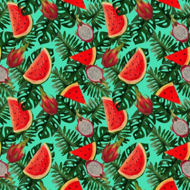 Ejderha meyvesi, karpuz, nane arkaplanda tropikal yapraklar ve yaz atmosferiyle modern, pürüzsüz desen. Tekstil, ambalaj ve kumaşlar için el boyaması botanik çizimi.