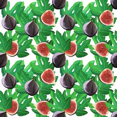İncir ve yapraklarla güzel bir desen. Beyaz arkaplanda izole edilmiş parlak tropikal meyve, arkaplan, duvar kağıdı, tekstil, ambalaj için el yapımı tasarım.