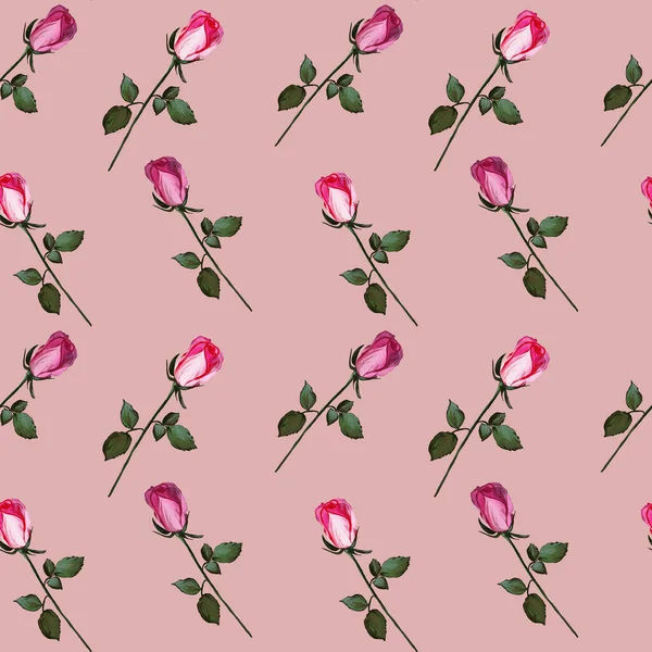 Floral seamless pattern made of roses. Acrilic painting with pink flower buds on pinc background. Botanical illustration for fabric and textile, packaging, wallpaper, card