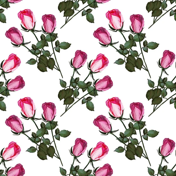 Floral seamless pattern made of roses. Acrilic painting with pink flower buds on white background. Botanical illustration for fabric and textile, packaging, wallpaper, card.