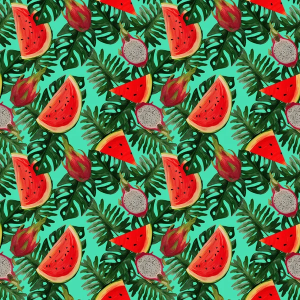 Ejderha meyvesi, karpuz, nane arkaplanda tropikal yapraklar ve yaz atmosferiyle modern, pürüzsüz desen. Tekstil, ambalaj ve kumaşlar için el boyaması botanik çizimi.