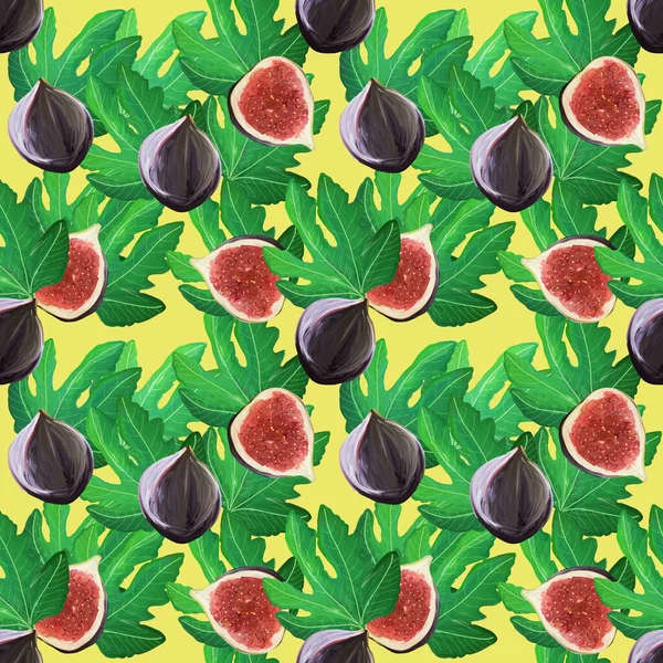 Prachtig Patroon Met Vijgen Bladeren Helder Tropisch Fruit Geïsoleerd Gele — Stockfoto
