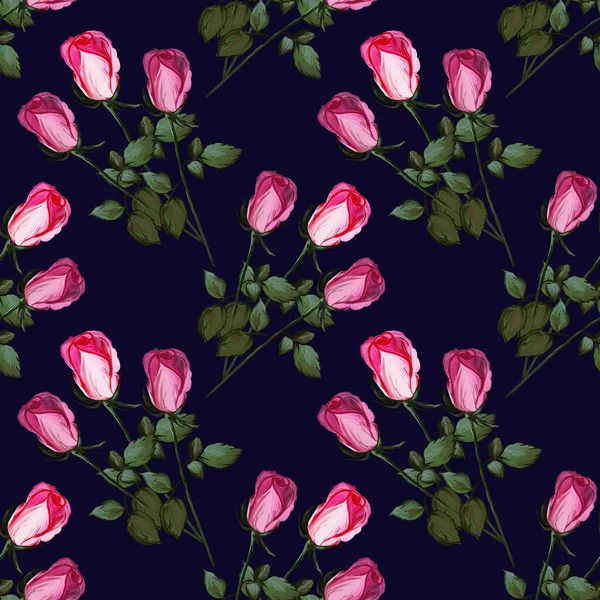 Квітковий Безшовний Візерунок Троянд Акрилова Картина Рожевими Квітковими Бруньками Темно — стокове фото