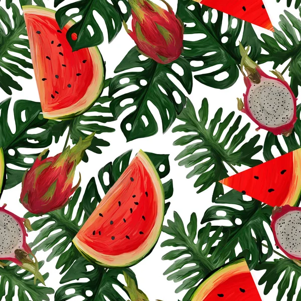 Modern seamless pattern with dragon fruit, watermelon, tropical leaves on white background Summer vibes. Hand painted botanical illustration for textiles, packaging, fabrics.