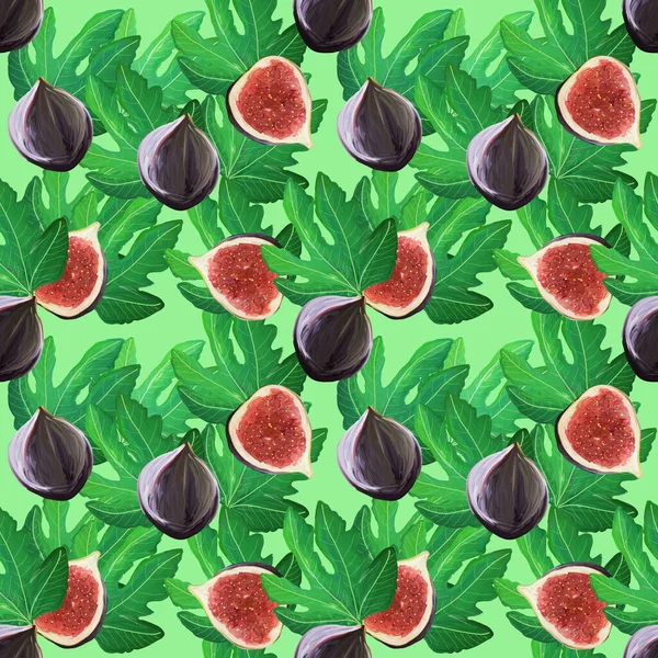 Beautiful pattern with figs and leaves . Bright tropical fruit isolated on light green background, hand-drawn design for background, wallpaper, textile, wrap.