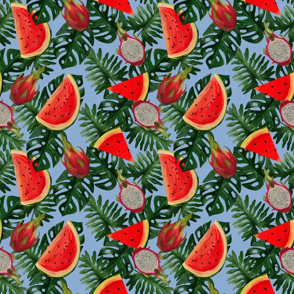 Modern Seamless Pattern Dragon Fruit Watermelon Tropical Leaves Blue Background Stock Picture