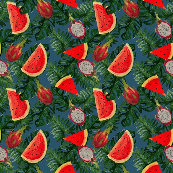 Moderní Bezešvý Vzor Dračím Ovocem Melounem Tropickými Listy Námořním Pozadí — Stock fotografie