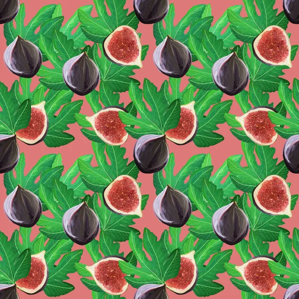 Beautiful Pattern Figs Leaves Bright Tropical Fruit Isolated Coral Background — Stock Photo, Image