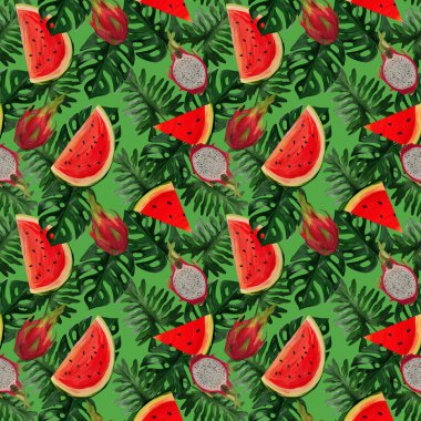 Ejderha meyvesi, karpuz ve tropikal yapraklı modern kusursuz desen. Tekstil, ambalaj ve kumaşlar için el boyaması botanik çizimi.