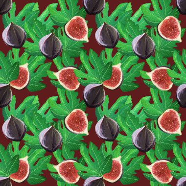 İncir ve yapraklarla güzel bir desen. Burgonya arka planında izole edilmiş parlak tropikal meyve, arkaplan, duvar kağıdı, tekstil, ambalaj için el yapımı tasarım.
