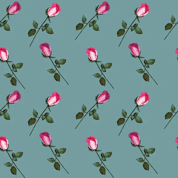 玫瑰做成的花纹无缝图案 在苍白的背景上涂有粉红色花蕾的雅典画 织物和纺织品 卡片的植物学图解 — 图库照片