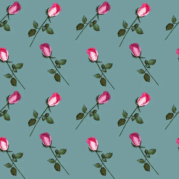 Florales Nahtloses Muster Aus Rosen Acrylmalerei Mit Rosa Blütenknospen Auf — Stockfoto