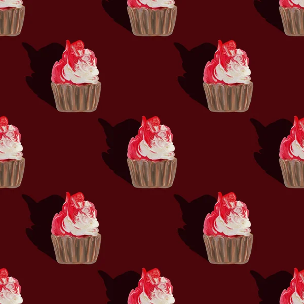 Varrat Nélküli Mintás Muffinok Sziluettek Muffin Édes Fehér Torta Piros — Stock Fotó