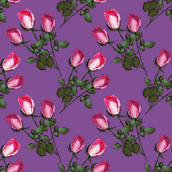 バラで作られた花のシームレスなパターン ライラックの背景にピンクの花芽を持つアクリル絵具 ファブリックと繊維の植物イラスト パッケージ カード — ストック写真