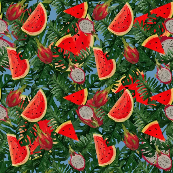 Modernes Nahtloses Muster Mit Drachenfrucht Wassermelone Tropischen Blättern Sommerstimmung Auf — Stockfoto