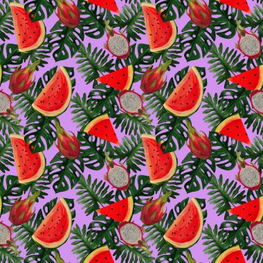 Ejderha meyvesi, karpuz ve tropikal yapraklı modern kusursuz desen. Tekstil, ambalaj ve kumaşlar için el boyaması botanik çizimi.