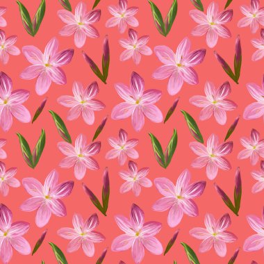 Çiçeklerden oluşan çiçek desensiz mercan zemininde pembe çiçek tomurcukları olan akrilik tablo. Kumaş ve tekstil, ambalaj, duvar kağıdı için botanik illüstrasyon.