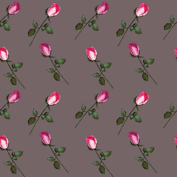 Floral seamless pattern made of roses. Acrilic painting with pink flower buds on brown background. Botanical illustration for fabric and textile, packaging, wallpaper, card.