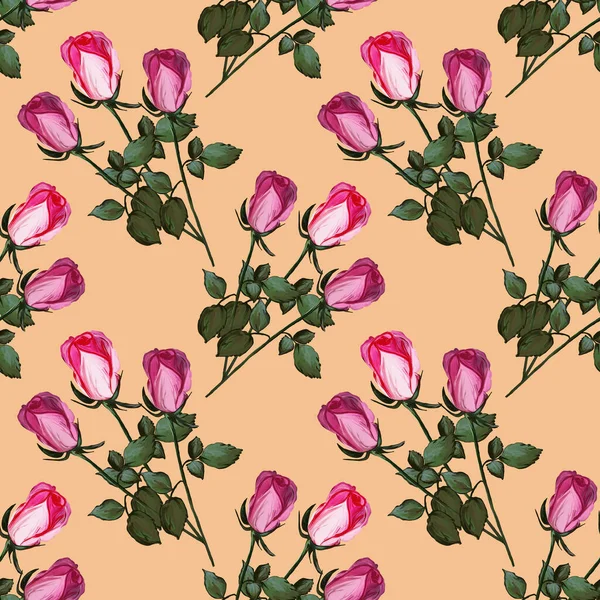 Floral seamless pattern made of roses. Acrilic painting with pink flower buds on beige background. Botanical illustration for fabric and textile, packaging, wallpaper, card.