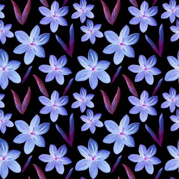 花で作られた花のシームレスなパターン黒の背景にピンクの花芽を持つアクリル絵具 ファブリックとテキスタイル パッケージ 壁紙の植物図 — ストック写真