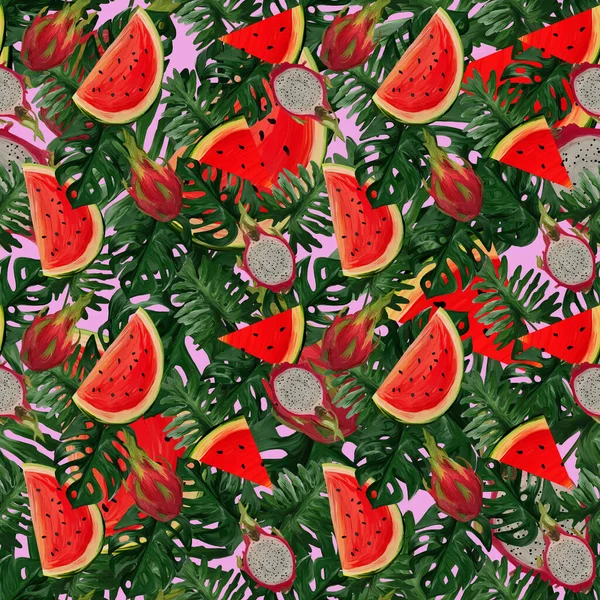 ドラゴンフルーツ スイカ ピンクの背景に熱帯の葉を持つ現代的なシームレスなパターン夏の波 手描きの織物 生地のための植物イラスト — ストック写真