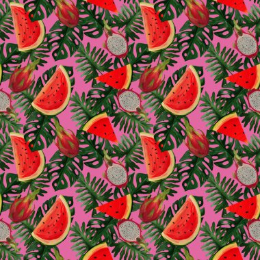 Ejderha meyvesi, karpuz ve pembe arka planda tropikal yapraklarla modern, pürüzsüz desen. Tekstil, ambalaj ve kumaşlar için el boyaması botanik çizimi.